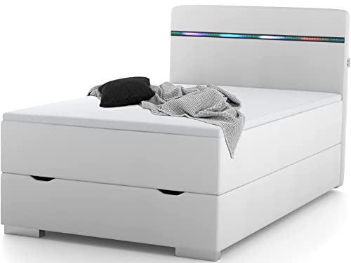 wonello Monza Boxspringbett 90x200 mit Bettkasten in Weiß I LED Beleuchtung und USB Anschlüssen I Design Bett für Jugendliche und Erwachsene I Stauraumbett mit Matratze und Topper