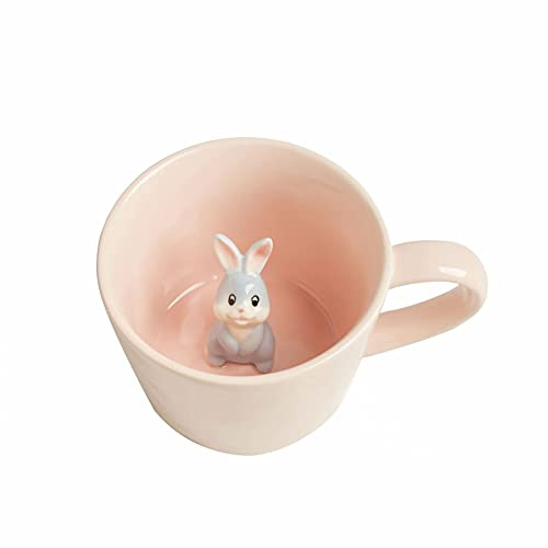DIHOclub Keramiktasse mit Hasen-Motiv, verstecktes 3D-Tier im Inneren, niedlicher Cartoon-Hase, handgefertigte Figur, Ostergeschenke, 340 ml, Rosa