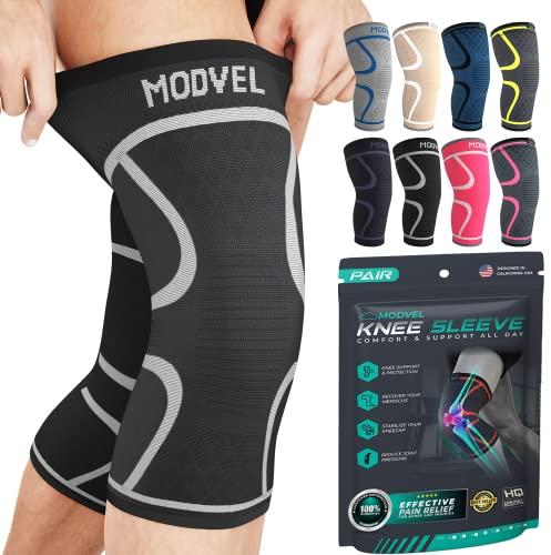 MODVEL Knee Support Compression Sleeve Women & Men - 2 Pack, Running Knee Brace, ACL & Arthritis Pain Relief, Joint Pain, Meniscus Tear, & Every day use (L)