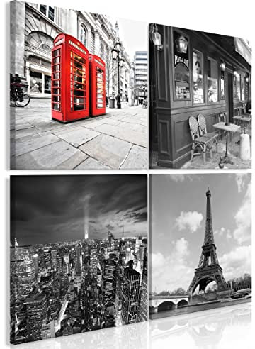 decomonkey Bilder Set Städte 4 Teilig- jedes Teil 40x40 cm Leinwandbilder Bild auf Leinwand Vlies Wandbild Kunstdruck Wanddeko Wand Wohnzimmer Wanddekoration Deko Natur Europa London Paris