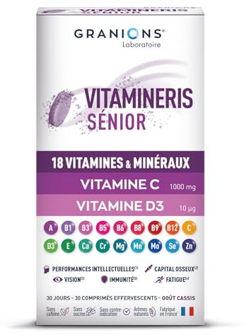 Granions Vitamineris Sénior 1000mg - 28 comprimés effervescents = 1 mois - Spécial 50 ans et plus - Fonctions cognitives - Immunité - 20 vitamines, minéraux et actifs - Made in France
