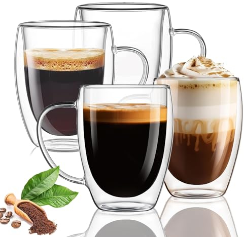 Buumin 4 Pack Double Walled Glass Coffee Cups, Clear Coffee Mugs, Cappuccino Macchiato Glasses Cups, 350ML Insulated Latte Glasses Mugs with Handles, for Milk, Tea Bag, Juice, Ice Cream，Espresso