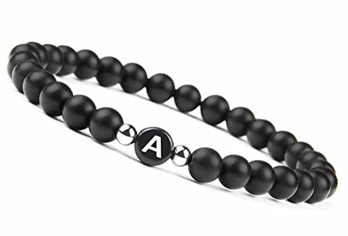 Aotiwe Armbänder für Herren, Armband Perlenkette Herren Elastische Perlen mit Buchstaben A Schwarz Kristall 17cm mit Rundschliff Achat