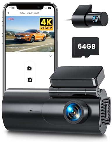 GKU Dashcam Auto Vorne Hinten 4K+1080P, 5GHz WiFi Dash Cam mit 64GB SD Karte, Auto Kamera mit Parküberwachung, Super Nachtsicht, WDR, 170° Weitwinkel (D600-IT)