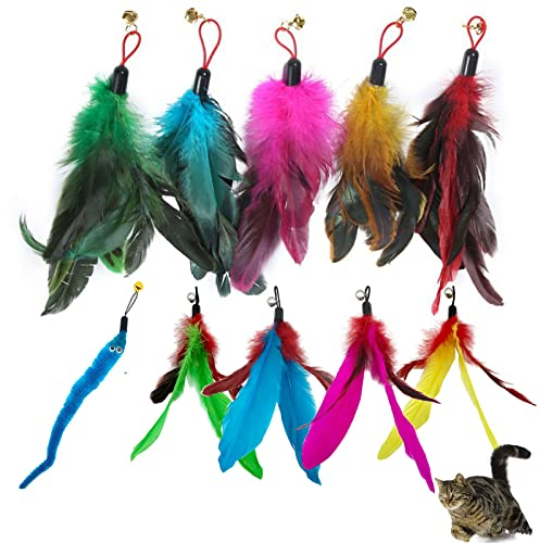 IOSPKKIO® 10 Stück Cat Feather Toys Ersatz-Katzenspielzeug-Zauberstab-Nachfüllungen, Mit Aufbewahrungstasche, Katzenfedern-Nachfüllung, interaktives Katzen