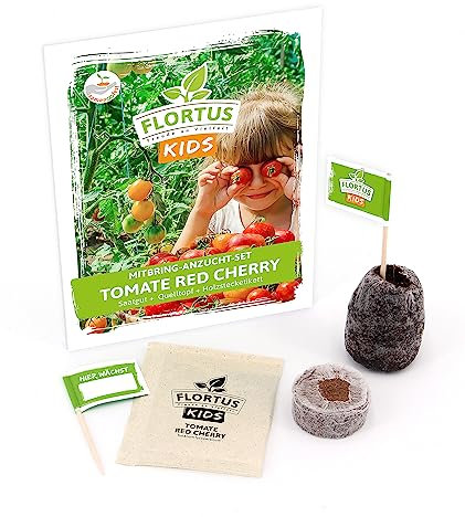 FLORTUS KIDS Mini Anzuchtset Tomate Red Cherry | samenfeste Sonnenblumen Samen, 2 Quelltöpfe, 2 Fähnchen | kleine Dankeschön Geschenke für Garten, Balkon | nachhaltige Geschenke für Gartenfreunde