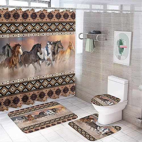 Rustic Aztec Horse 4 Pieces Shower Curtain Set,Boho Abstract Tribal Farmhouse Western Desert Horse Non-Slip Rugs Toilet Lid Cover Bath Mat and Bathroom Curtain