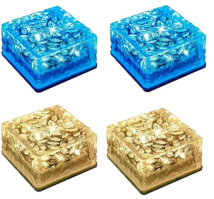 LQWELL® Solar Brick Light Solarlicht Deko Außen, Solar Glas Pflastersteine, Solarlampen Wegbeleuchtung Würfel Licht Eissteinleuchte, Wasserdicht (Warmweiß & Blau)
