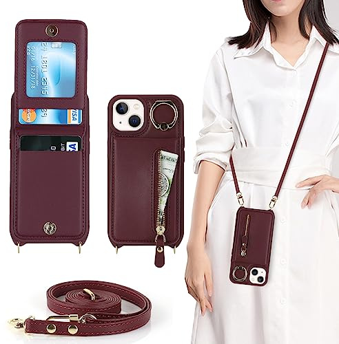 CAVOR Handykette iPhone 13 Mini Hülle Mit Band,Flip Leder Geldborse hülle,[4 Kartenfach][Ring Stander][Schnalle],Klapphülle Handyhülle für iPhone 13 Mini - Burgunder