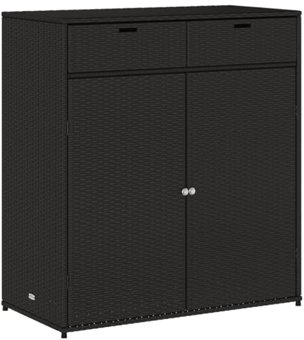 Rattan Gartenschrank mit 1 Tür und 1 Schublade, Balkonschrank Gartenschrank Außenschrank Haushaltsschrank Mehrzweckschrank, Outdoor Garten Terrasse Tisch, Schwarz 105x55x113 cm