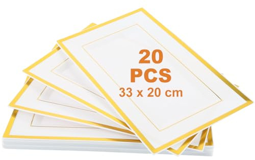 SHUESS 20 Pcs White Plastic Serving Platter with Gold Border - 33 x 20 cm Rectangle Reusable Platters for Party Food - Elegant Food Trays for Serving Party, Buffets, Weddings, Birthdays, Christmas