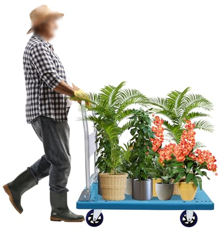 Apriltop Blau Plattform Handwagen mit 4 Rädern, Paketwagen Klappbar für den Transport von Gepäck und Kisten, Maximale Belastung 661.39Lbs, Geräuscharm, 60x90x84cm