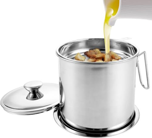 Oungy 1.8L Fetttrennkanne Ölsieb Topf, 304 Edelstahl Fettabscheider mit Staubdichtem Deckel, Fritt Fix Fettbehälter mit Fettabscheider Sieb zur Aufbewahrung von FrittieröL und Speisefett