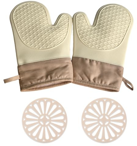WUERKIYA Premium Ofenhandschuhe Set für Kochliebhaber, Ofenhandschuh und Topflappen Set - Küchenhelfer 1 Paar Backhandschuhe Kochhandschuhe und 2 Topflappen für Kochen Backen Grillen, Grau
