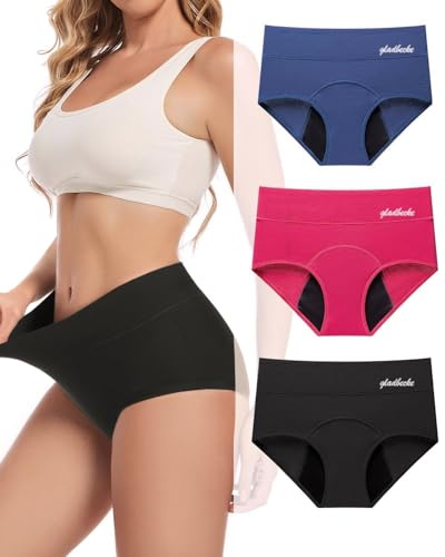 Gladbecke Period Underwear for Women Heavy Flow – Leakproof High Waisted Cotton Menstrual Panties 3 Pack (Runs small. Size up)