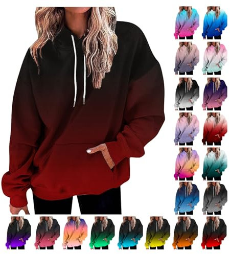 Awrvia Hoodie Damen Oversize Kapuzenpullover Farbverlauf Langarmshirt mit Kapuze Kapuzenpulli Casual Langarm Sweatshirt Baumwolle SPOR Pullover Leichte Basic Longshirt Taschen Oberteile Streetwear
