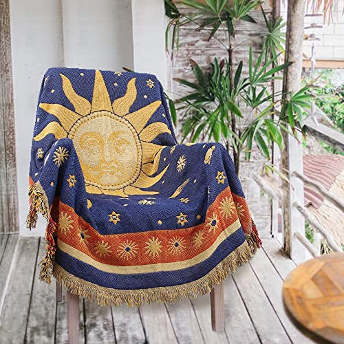 AMIDA Hippie Throw Blanket Sun Moon Stars Boho Throw Blankets Celestial Tapestry Double-Sided Reversible Woven Cotton Home Decor Bedding Chair Couch Recliner Cover Oversized Tassels Astrology 70x90