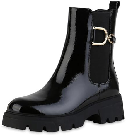 VAN HILL Damen Klassische Stiefeletten Blockabsatz Profilsohle Trendy Schuhe 216363 Schwarz Lack 39