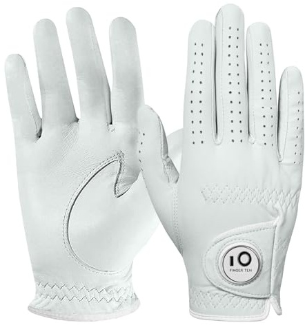 FINGER TEN Golf Handschuhe Frauen Linke Hand Rechts Alle Cabretta Leder Mit Ball Marker Value Pack, Damen Golf Handschuhe Premium Weiche Flexibilität Atmungsaktivität Weiß S M L XL (Weiß, M, Links)