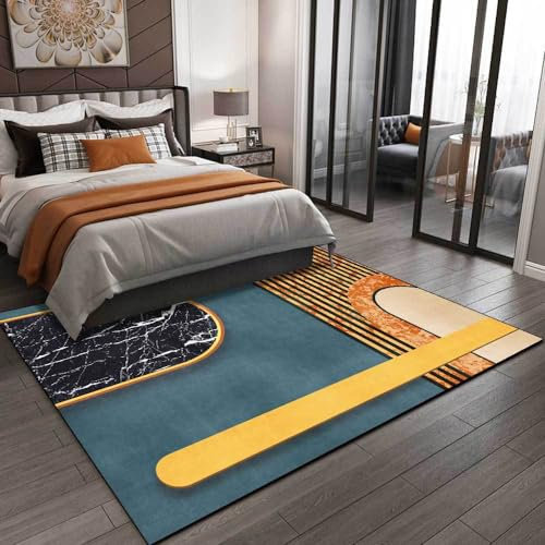 Neuer waschbarer Wohnzimmerteppich, rutschfeste Akzentteppiche, Schlafzimmer-Esszimmer-Flurteppich, weicher Kurzflorteppich, modernes dunkelgrünes und gelbes geometrisches Muster, 120 x 170 cm