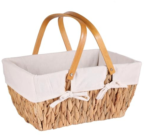 Natural Weidenkorb mit Henkel groß | mit Stoffeinlage in Weiß | Tragekorb aus Weide Einkaufskorb geflochten Weide Weidenkörbe mit Henkel Einkaufskörbe Picknickkorb geflochten, 38 * 25 * 18cm