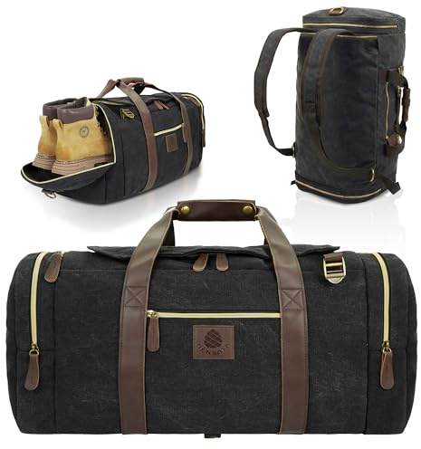 Densata Nomad Reisetasche für Herren, Segeltuch, Vintage, echtes Leder, Reisetasche, multifunktional, Wochenend-Übernachtungs-Rucksack mit Schuhfach, Schwarz, Large-50L, Vintage