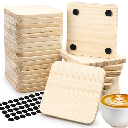 72 Stück Untersetzer Holz 10 cm Blank Holzuntersetzer Quadratisch mit 288 Rutschfesten Runden, Rohlinge Holzscheiben im Großpack für DIY Bemalen, Gravieren Dekorieren Handwerk