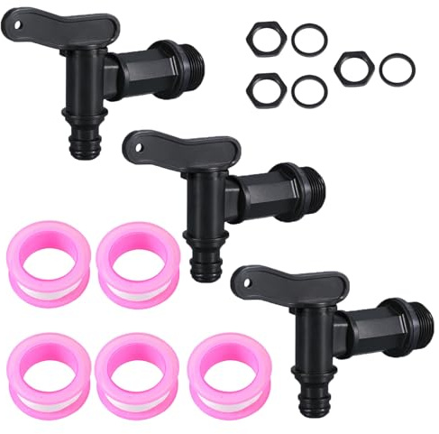 3 Stück Auslaufhahn für Regentonne, Wasserhahn 3/4 Zoll Kunststoff Ersatzhahn mit Dichtung Kontermutter Dichtband, Regenfass Auslaufhahn aus Kunststoff für Garten, Industrie und Haushalt (Schwarz)