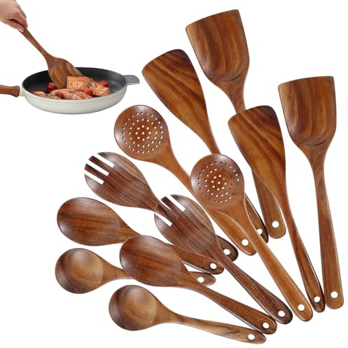 Lot de 12 cuillères de cuisine en bois, résistantes à la chaleur, antiadhésives, ustensiles de cuisine durables pour mélanger, cuire, servir et remuer, sans BPA