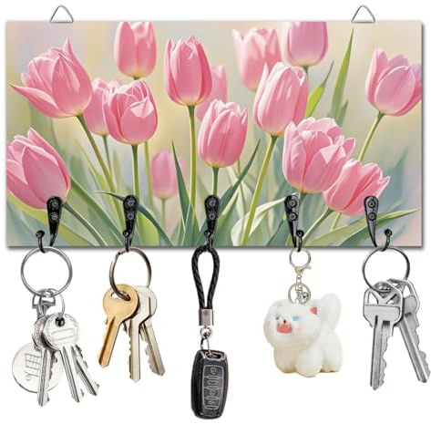 DELORIGIN Soporte para llaves con flores de tulipán, montaje en pared, tablero de llaves de madera con 5 ganchos, organizador de almacenamiento para llaves, decoración de pared, puerta, entrada