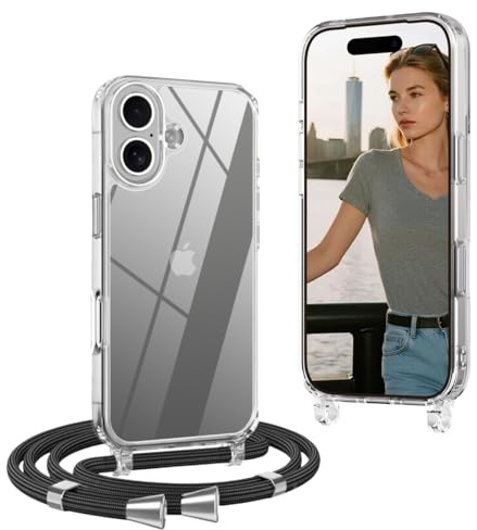 OLEPHY Handykette für iPhone 17 Hülle mit Band, Schwarz | Handyhülle mit Verstellbarem und Demontage Umhängeband, Transparent Stoßfeste Hülle zum Umhängen Kordel, (6,3 Zoll)