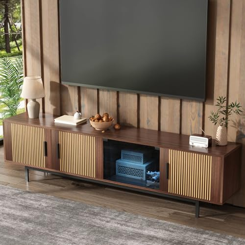 OLIVIBED TV-skåp med LED, lågbord, vardagsrum med 3 dörrar, för TV upp till 85 tum, 200 x 35 x 53 cm, valnöt brun och svart