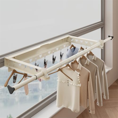 PortoAlegre Stendibiancheria da parete, per balcone, invisibile, con asta telescopica UNH, 7 clip, in alluminio e acciaio, per terrazze, balconi, ringhiere, 55 x 26,7 x 7,5 cm