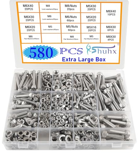 Rshuhx Ext Large Nuts and Bolts Sets M5 M6 M8 580pcs Hexagon Socket Cap Screws 304 Stainless Steel Mechanical Screws Washers Nuts and Bolts Assortment Kit With Storage Box Hexagonal Wrench