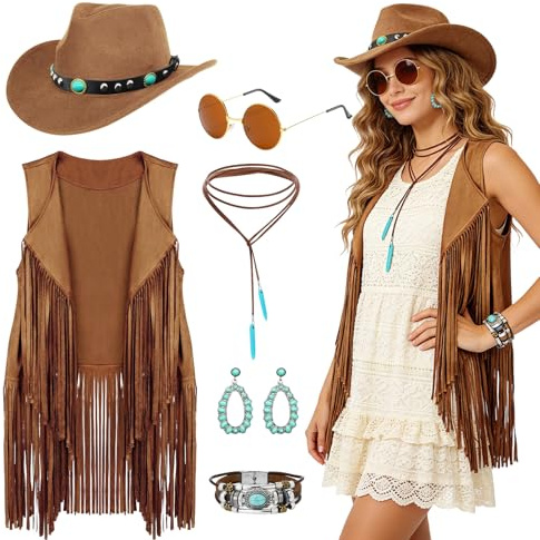 UxClishe 6Pcs Western Cowgirl Costume Set for Women, 70s Hippy Fancy Dress with Tassel Vest Hat Sunglasses Necklace Earrings Bracelet for Carnival Halloween Cosplay Parties