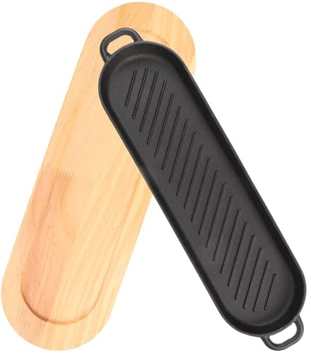 HOMSFOU Plato de Hierro Fundido para Parrilla con Base de Madera, Sartén para Bistec y Asar, Bandeja Larga Ondulada de Doble Asa, Adecuado para Servir Carne Caliente en Barbacoa