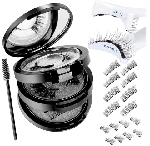 Generisch Lot de 4 paires de cils magnétiques naturels à 3 niveaux, demi-cils pleins et naturels avec brosse et applicateur, réutilisables, sans colle ni eye-liner, aimants puissants et étanches