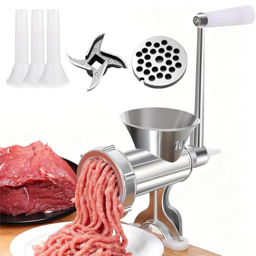 Molinillo manual multifuncional de acero inoxidable con manivela – Picadora de carne de alta resistencia, embutidora de salchichas, picadora de verduras y mezclador | Fácil de limpiar, piezas