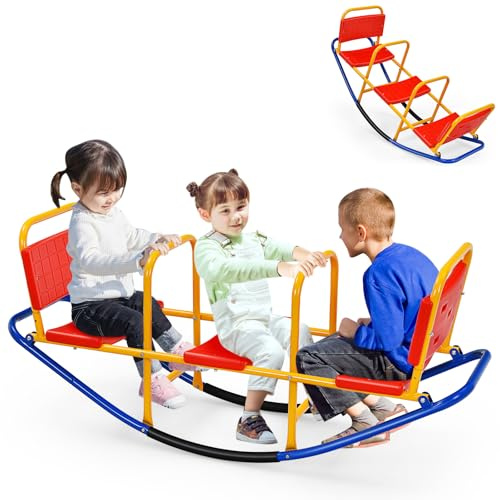 HOMASIS 3-Sitzer Kinder Wippe Outdoor, Schaukelwippe mit Griffen & Rückenlehnen, Metall Gartenwippe bis 90 kg belastbar, Teeter Totters für Innen & draußen, Karusselwippe für Kinder 3-8 Jahren (Red)