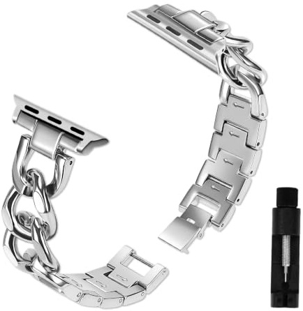 VanHooc Metallarmband för Apple Watch 49/46/45/44/42 mm, silver | Cowboykedja klockarmband snyggt hållbart för iWatch Series 12/11/10/9/8/7/6/5/4/3/2/1/Ultra SE 3/2/1