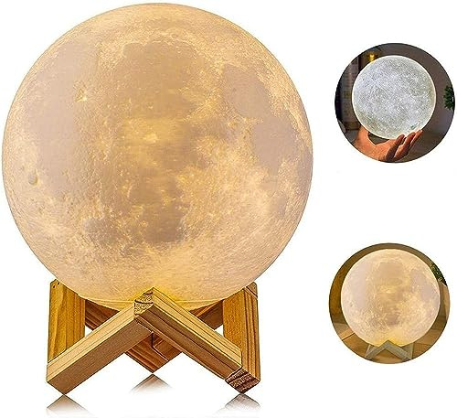 AGM 3D Mondlampe 2 Farben mit Holzständer, Nachttischlampe berührungsempfindliches, Schreibtischlampe fürs Schlafzimmer 15 cm