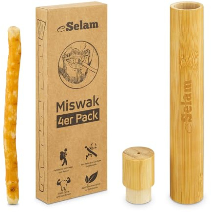 Premium Miswak 4-pack – Siwak – tandborstträ med naturliga flourider bamboo case resefodral av bambu för Miswak – eSelam