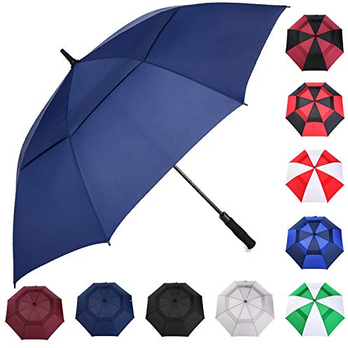 MRTLLOA Automatischer, öffnender, schwarzer Golf-Regenschirm, extra groß, übergroß, doppeltes Baldachin, belüftet, winddicht, wasserdicht, Stockschirme für Regen (Navy Blue, 62 Inch)