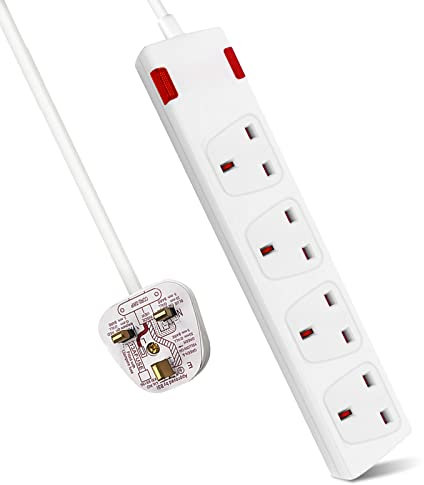 ExtraStar 4 Way Extension Lead 2M in White, 13A Fused Power Strips 3120W UK Plug with Indicator Light, Wall Mounted Mains Extension Cord with Multi Sockets for Home,Office,Dorm