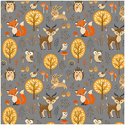 VmG-Store Baumwollstoff Stoffe Meterware Nähen I Nähstoff Kinder Kinderstoff 155cm breit (Tiere im Wald Grau BC017, 200 x 150cm)