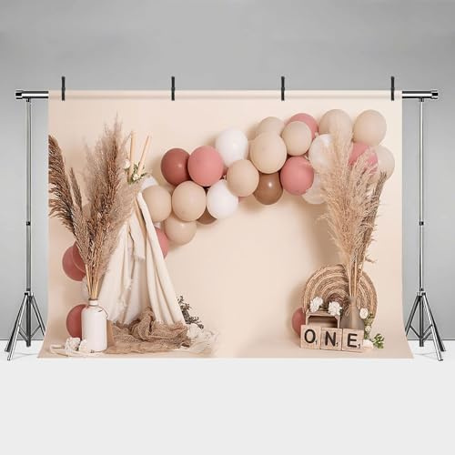 MEHOFOND Fotohintergrund für Mädchen zum 1. Geburtstag, 2,1 x 1,5 m, rosa Luftballons, Boho-Zelt, Stroh, Bohemian-Mottoparty, Hintergrund, Dekoration, Neugeborene, Fotografie-Requisiten, Portrait,