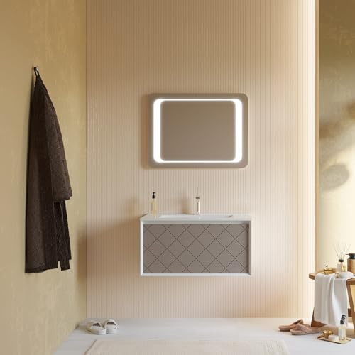 Kiamami Valentina Mueble DE BAÑO Gris Claro 80CM con Lavabo DE CERÁMICA, Espejo 80X60 | Miami