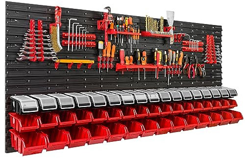 Panneau murale a outils 172 x 78 cm avec 48 bacs a bec, boites de rangement a suspendre organiseur a outils noir et rouge, caisse avec couvercle pour vis clous petit trucs, garage atelier