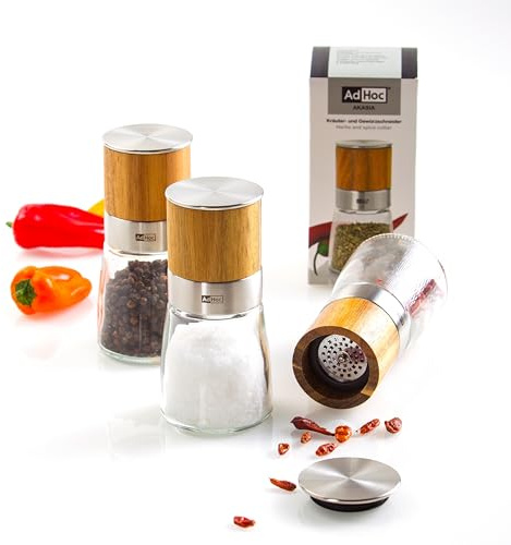 AdHoc Gewürzmühlen Set Akasia | Salz- & Pfeffermühle (Keramikmahlwerk) & Chilischneider (Edelstahl-SchneidWerk) | Akazienholz & Glas | Einstellbarer Mahlgrad | Inkl. Meersalz, Pfeffer & Chili