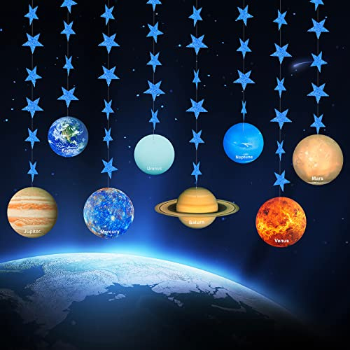Bannière décorative du système solaire, guirlande de huit planètes avec étoile scintillante bleue, guirlande de galaxie en papier de qualité supérieure pour décoration de chambre d'enfant, fournitures